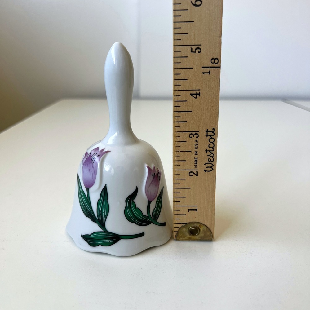 Vintage Taiwan Porcelain Bell Purple Tulip Floral Ceramic Hand Bell - Picture 14 of 14